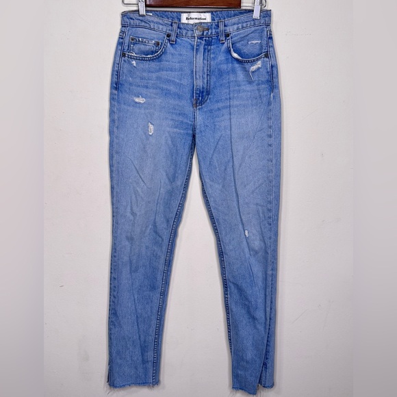 Reformation Denim - Reformation Julia High Cigarette Jeans Light Blue Distressed.